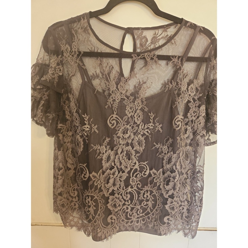 Floral Charcoal Lace Top Women's Size Large Layered Ruffled Romantic Dark Whimsy